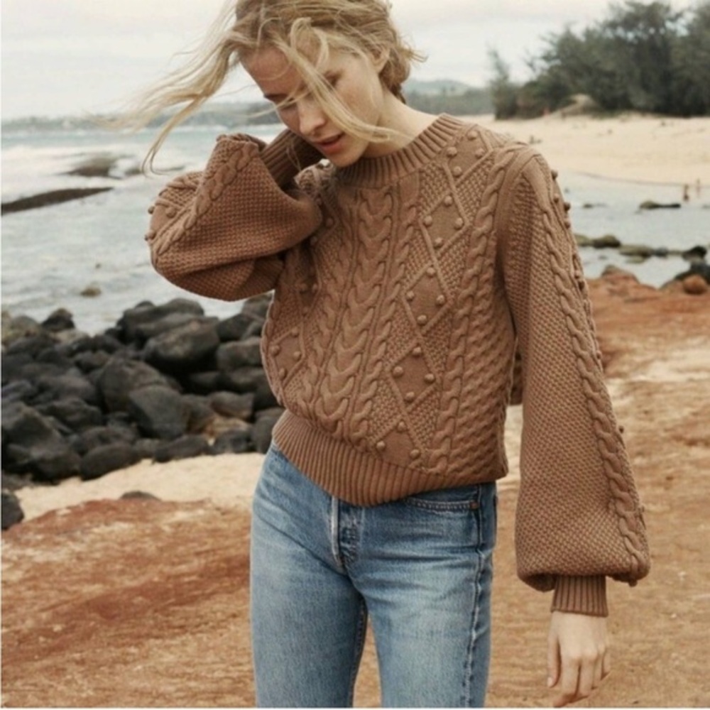 Doen Lulu Sweater Women’s Medium Brown Pom Pom‎ Knit Organic Cotton Cottagecore